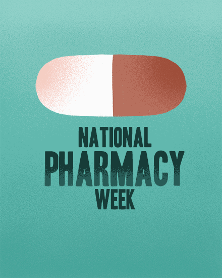 A teal background with a large pill graphic and bold text saying 'National Pharmacy Week'.