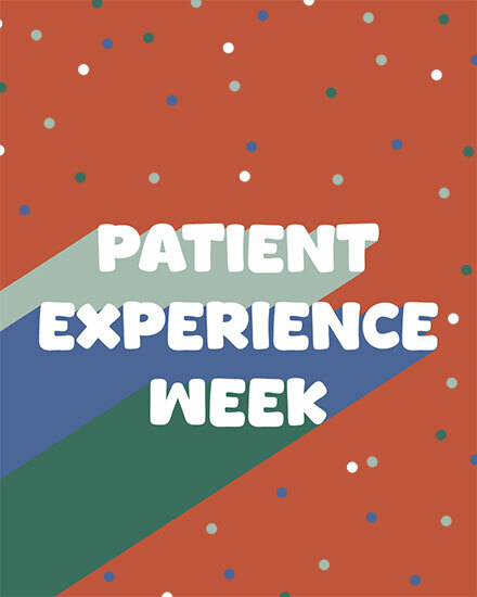Colorful card with 'Patient Experience Week' text and polka dots on bold background.