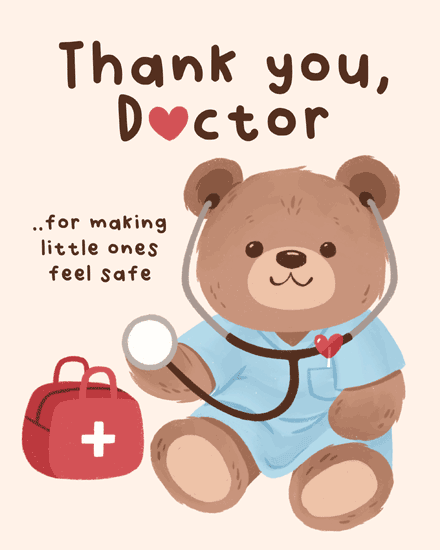 Cute teddy bear doctor in blue scrubs with stethoscope and red medical bag