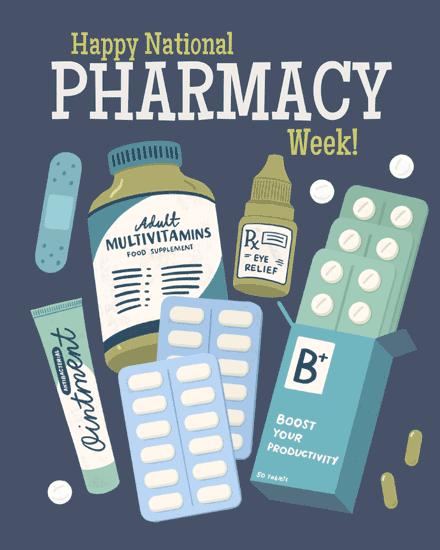 Illustrated pharmacy items: multivitamins, eye drops, tablets, ointment, and a plaster.
