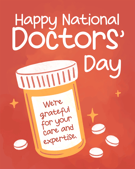 Illustration of a prescription bottle and tablets with a thank you message on a red background.