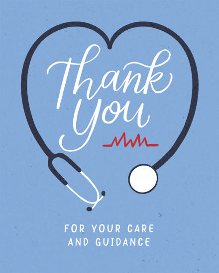 Blue thank you design with stethoscope heart, red heartbeat line, and care message
