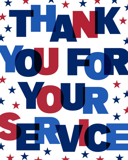 Bold red, white, and blue text saying 'Thank You For Your Service' with stars.