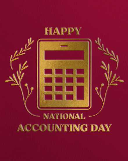 Gold calculator icon with laurel branches on burgundy, reading Happy National Accounting Day