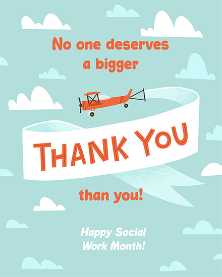 miscellaneous card bigger thank you airplane clouds sky ribbon Social Work Month aviation