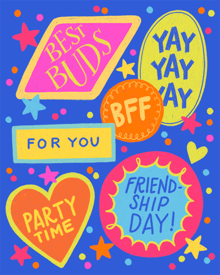 Bright neon friendship design with stars, confetti, and phrases Best Buds, BFF, Friendship Day