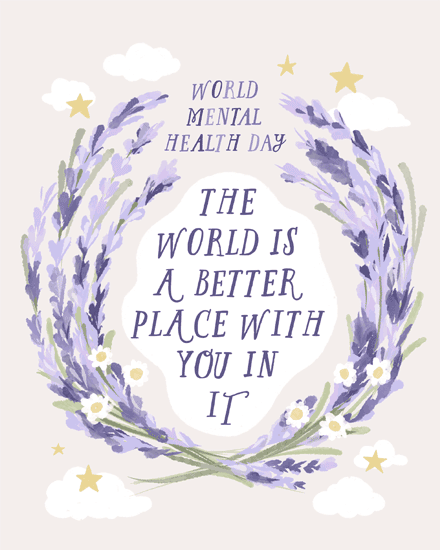 Watercolor lavender wreath with daisies, clouds, and stars, featuring supportive mental health message