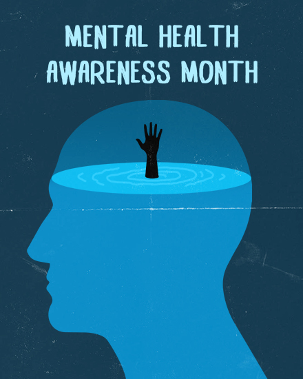 Blue head silhouette with water and raised hand, text Mental Health Awareness Month