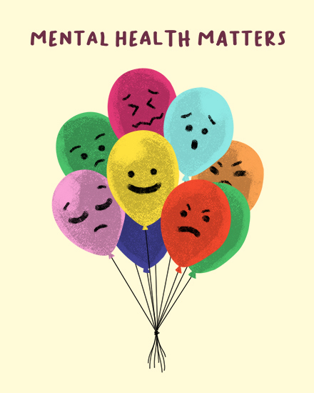 Colorful balloons with varied facial expressions under the text “Mental Health Matters”
