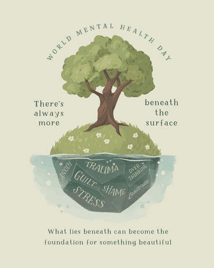Tree above water with iceberg showing trauma, anxiety, guilt, shame, stress, loneliness text