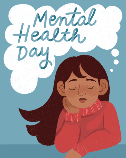 Mental Health Day text in white cloud with illustrated person resting on blue background