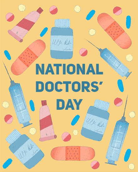 national doctors' day yellow syringe gauge medicine tablet aspirin card medical professional appreciation