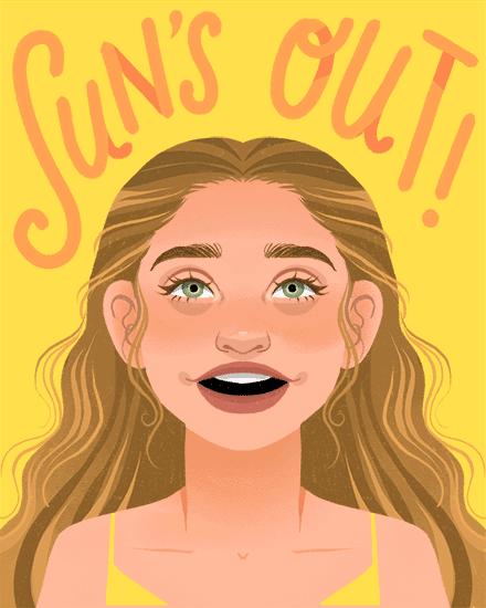Smiling illustrated woman on bright yellow background with large text reading “Sun’s Out!”