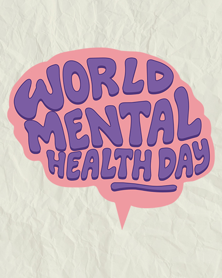Purple “World Mental Health Day” text inside pink speech bubble on textured paper background