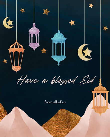 Eid greeting card with lanterns, stars, and crescent moons against a dark sky.