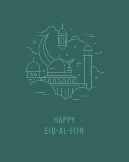 muslim holidays card eid al fitr mosque moon stars lantern line