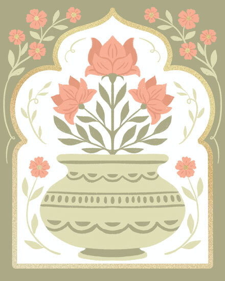 Arched floral illustration with pink blossoms in a patterned vase on sage background