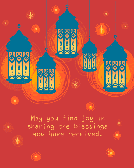 Decorative lanterns on a red background with a festive message.
