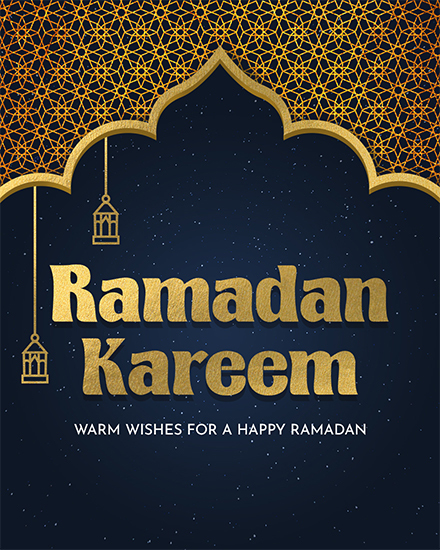 Gold geometric pattern with lanterns and Ramadan Kareem text on navy background.