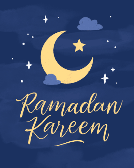 Navy night sky with golden crescent moon, star, clouds, and Ramadan Kareem script