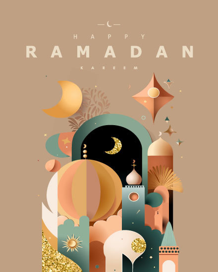 Ramadan-themed design with moons, stars, and geometric shapes in pastel and gold.