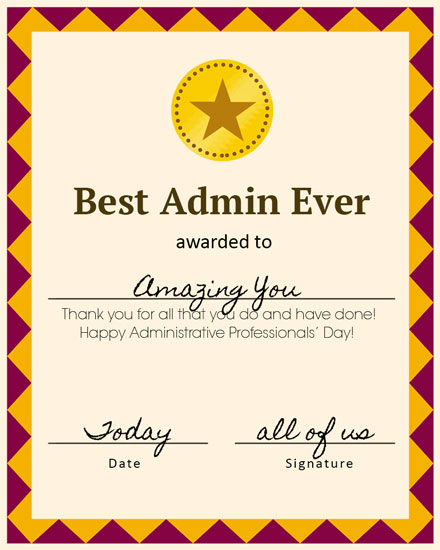 administrative professionals' day administrative professionals day card best admin ever certificate