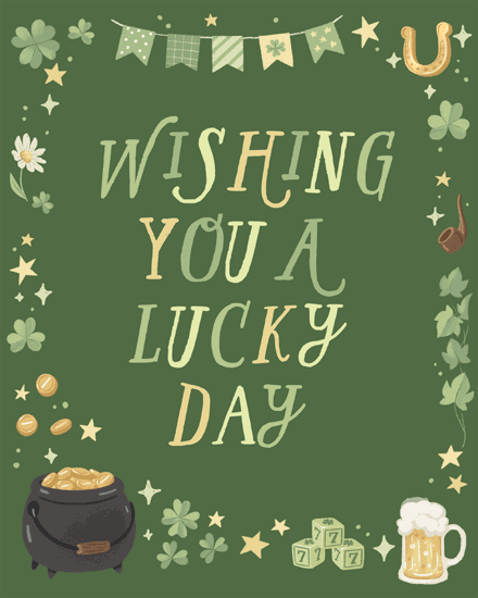 Green St. Patrick’s Day design with shamrocks, bunting, and “Wishing You a Lucky Day” text