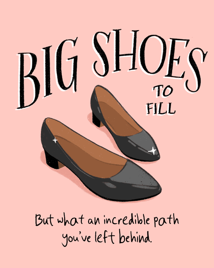 Blush pink design with black heels illustration and text: Big Shoes To Fill