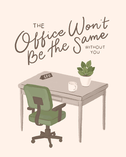Illustrated desk with green office chair, plant, mug, and farewell lettering on beige background