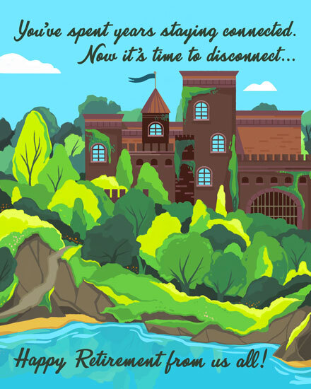 Illustrated landscape with brick building, lush trees, river, and text about disconnecting and retirement
