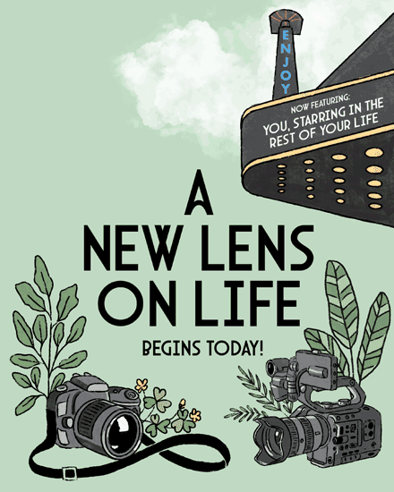 Greeting card with cameras, foliage, and retro marquee text on a green background.