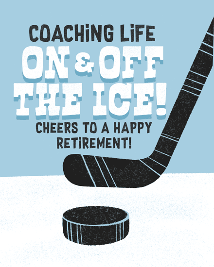 Hockey-themed design with stick, puck, and bold retirement message on blue background.