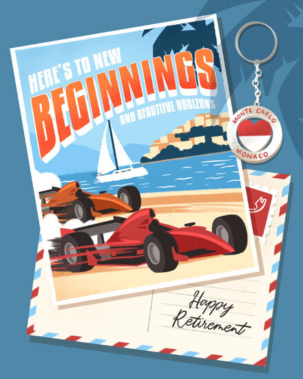 Vintage travel postcard design with race cars, sailboat, coastal cliffs, and Happy Retirement message