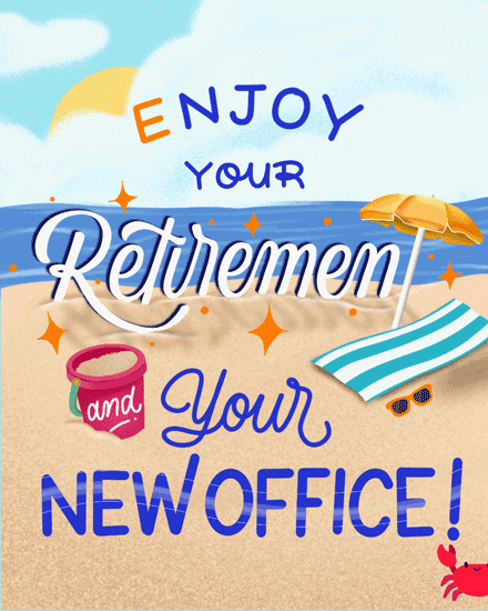 retirement card new office crab sand beach ocean sky cloud stars vacation seaside retire retiring retiree retired traveling travelling