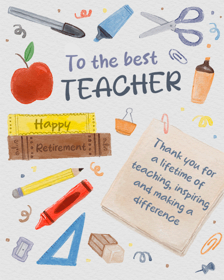 Watercolor teacher-themed design with apple, crayons, scissors, and thank-you note, “To the best TEACHER.”