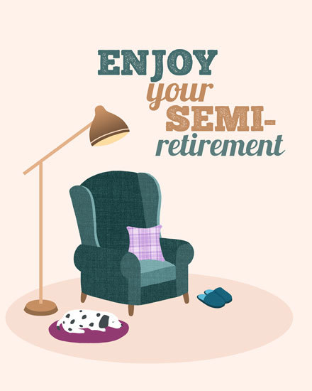 retirement card semi feet up relax dog animals couch slippers lamp cozy semi-retirement semiretirement dalmatian retire retiring retiree retired
