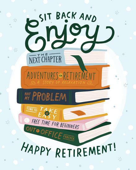 Playful stack of colorful books with “Sit back and enjoy” and “Happy Retirement” text