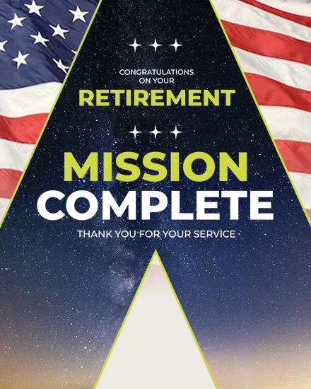 Patriotic design with American flag, starry sky triangle, and bold text Mission Complete