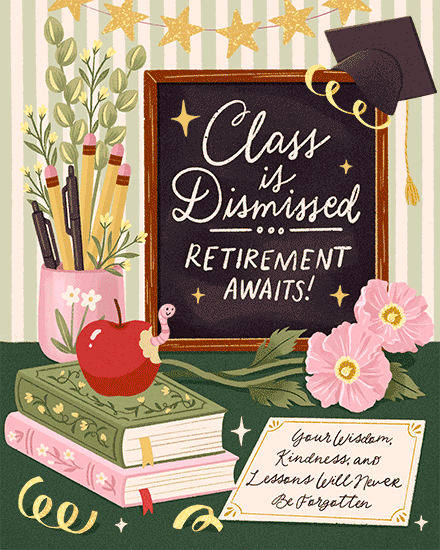 Chalkboard with Class is Dismissed text, books, apple, pencils, flowers, stars, graduation cap