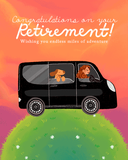 Illustrated black van with two passengers on grassy hill under orange sky, retirement message