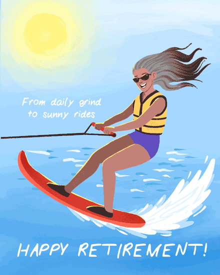 Illustration of a person water skiing under a bright sun, wearing sunglasses and a life vest.