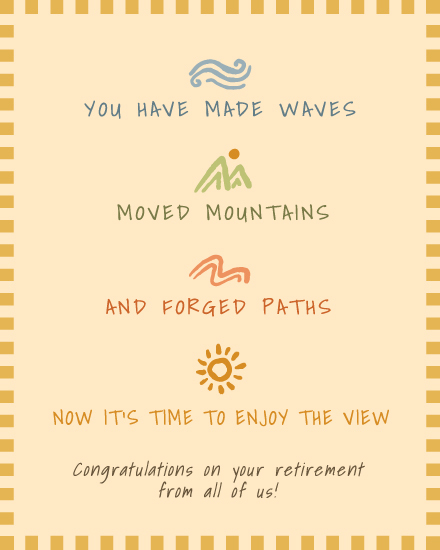 Beige design with stitched border, wave and mountain icons, and congratulatory retirement message