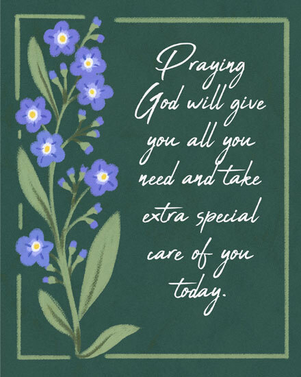 Blue wildflowers on dark green background with white script prayer message and thin border