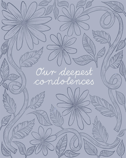 Blue-gray floral line-art design with vines and centered text, Our deepest condolences