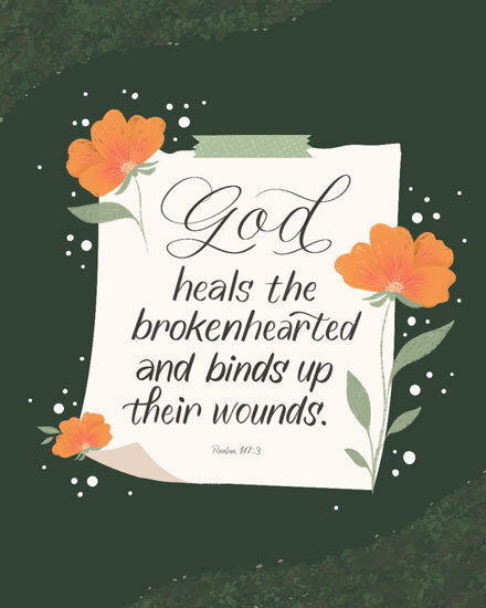 Dark green floral design with orange blossoms and Scripture quote on parchment-style paper