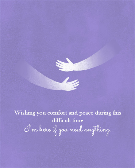Lavender card with two reaching hands and supportive text.