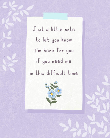 Purple card with white leaf patterns and a comforting message above small flowers.