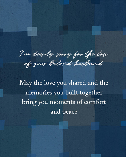 Blue geometric background with a condolence message in cursive script.