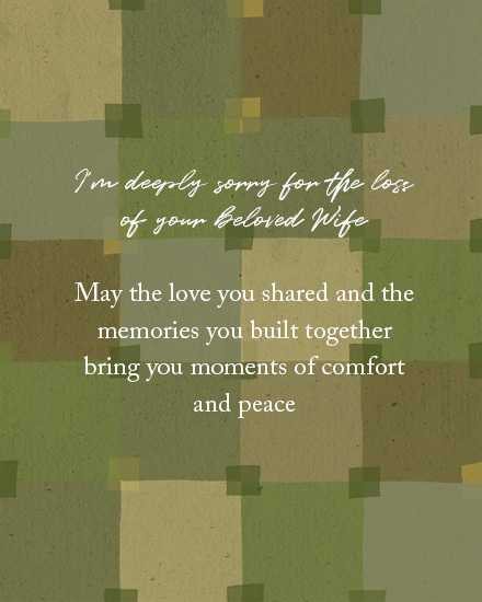 Sympathy card with green background and heartfelt message for loss of a wife.