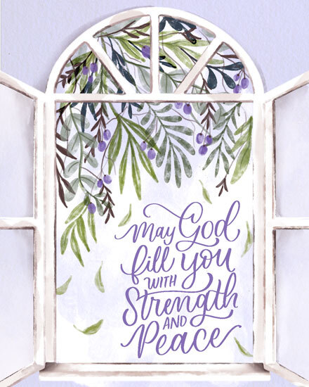 Open window with green and lavender foliage, scripted message inside.
